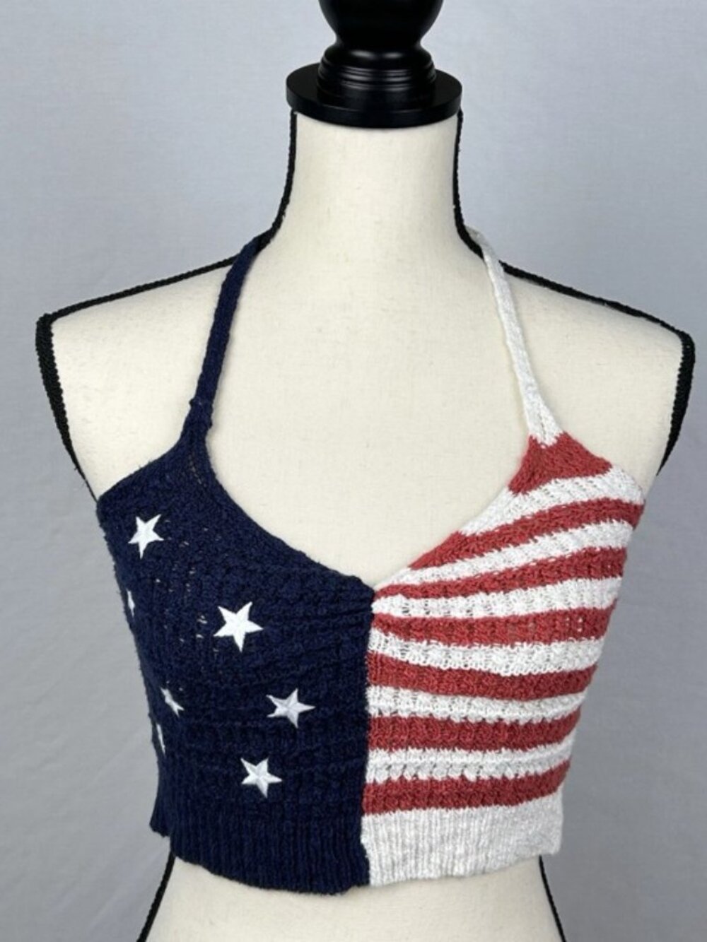 American Eagle Crochet American Flag Crop Halter Top Women’s XS Boho Festival - Picture 2 of 15